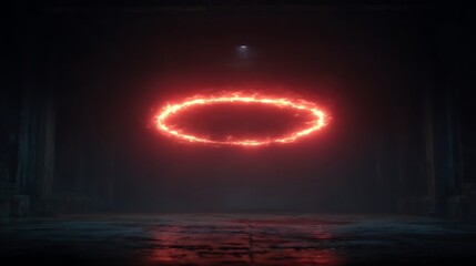 Glowing red energy ring floating in dark mysterious empty stone chamber with dramatic lighting.