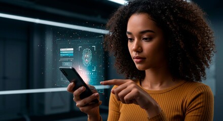 Woman using fingerprint scanner on smartphone with digital interface technology displayed nearby her