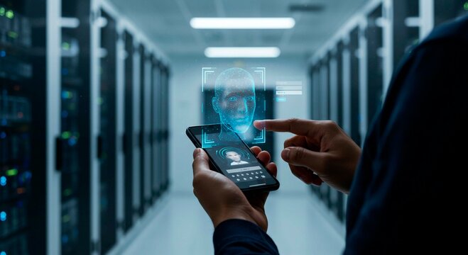 Person using face recognition on a smartphone in a server room for security access control system - Powered by Adobe
