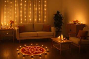 Cozy living room illuminated by warm lights and decorative diyas