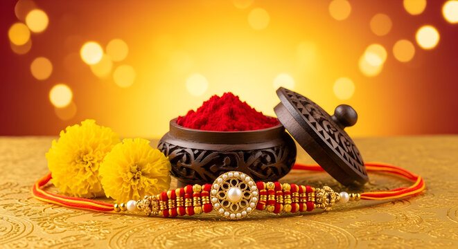 Raksha Bandhan: Ornate Rakhi, Kumkum, and Marigolds on Gold