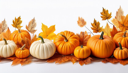 row of pumpkins and leaves on a white background