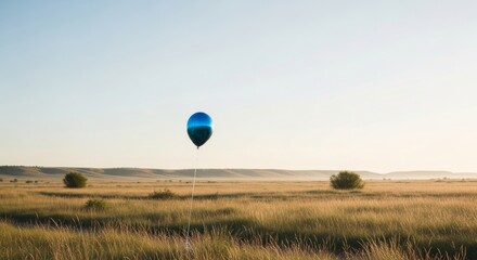 Obraz premium Single balloon floating above a beautiful meadow or field. Peaceful rural natural landscape with soft light and open sky