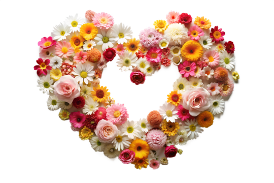 A vibrant heart shape formed by a colorful assortment of fresh flowers, isolated on white isolated on transparent background