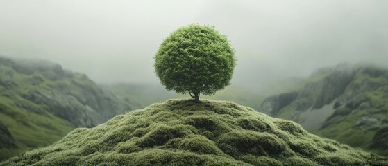Misty landscape with solitary tree on hill