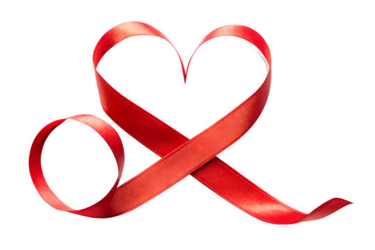 A shiny red ribbon tied into a heart shape isolated on a transparent background