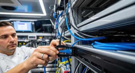 Young caucasian male technician adjusting cables in data center server rack