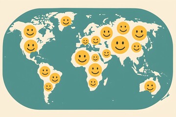 Smiley faces scattered across a world map illustration