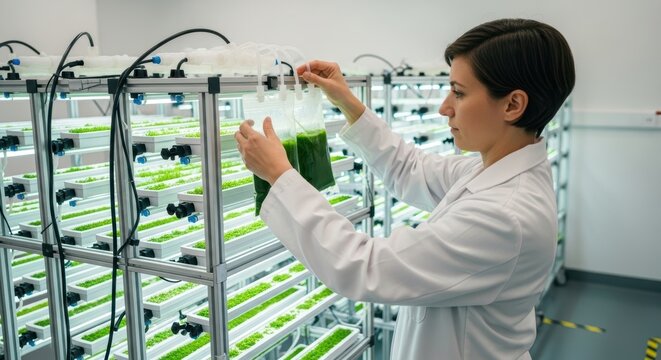 Female scientist analyzing algae growth in laboratory with advanced hydroponic systems