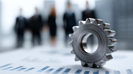 Concepto empresarial con engranaje y figuras humanas sobre gráfico financiero