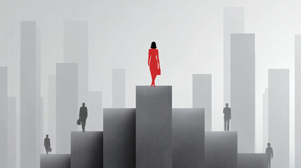 Ilustración conceptual de liderazgo femenino en entorno urbano minimalista