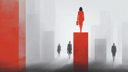 Ilustración conceptual de liderazgo femenino en entorno urbano minimalista