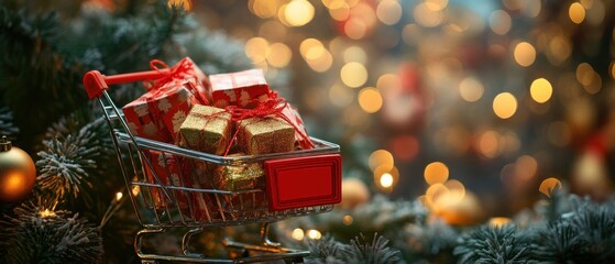 Christmas shopping cart decorated with presents