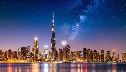 Obraz premium City skyline at night with a full moon and milky way