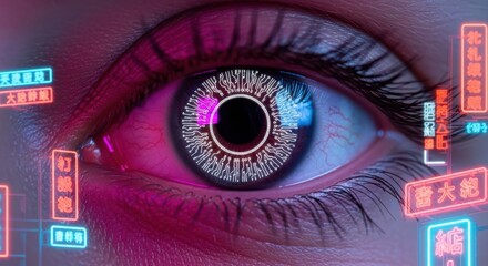 Futuristic close-up of human eye with digital interface and neon circuitry