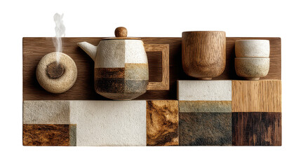 A steaming teapot and cups arranged on a textured wooden base, evoking a sense of calm isolated on transparent background