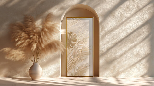 Minimalist Arched Wall with Framed Botanical Print and Pampas Grass in Sunlight - Powered by Adobe