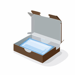 Plastic food wrap box – Box with open flap and cutter strip, plastic wrap peeking out.
