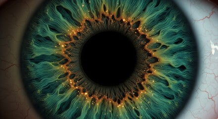 A vibrant, highly detailed close-up of a human eye, revealing a striking emerald green iris with glowing golden patterns near the pupil, set against the theme of Biological & Organic Surfaces.