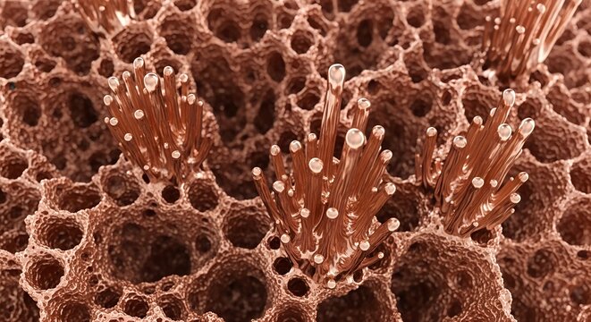 Close-up of futuristic rose gold metallic tendrils with glowing tips emerging from a textured, porous brown biological surface, resembling intricate growing coral structures. Microscopic Biological &