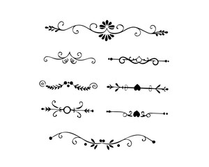 Obraz premium text dividers doodle set. Wedding decorative elements. Divider ornament, borders, floral, vintage line separators. Hand drawn vector illustration isolated on white background. Set page dividers.