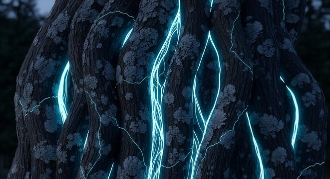 Mystical close-up of dark, textured tree bark illuminated by vibrant cyan light, creating a flowing 'river of life' effect across its biological surface.