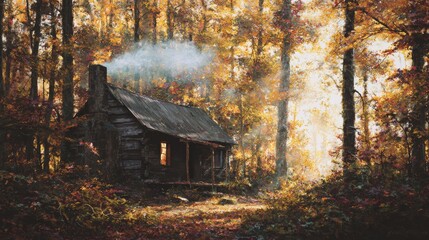Rustic cabin in vibrant autumn forest with warm light and smoky chimney