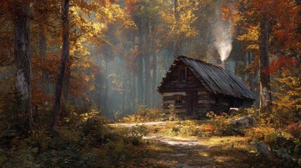 Rustic cabin in autumn forest with sunlight and smoke from chimney