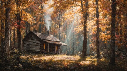 Rustic cabin in autumn forest with sunlit foliage and smoke from chimney
