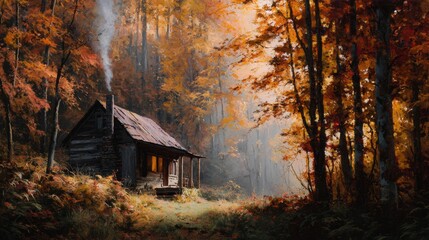 Rustic cabin in autumn forest with colorful foliage and sunlit mist