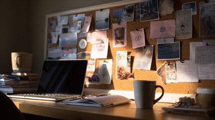 Cozy workspace with laptop and coffee mug on wooden desk with bulletin board at home office