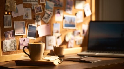 Cozy workspace with coffee mug and laptop in warm sunlight