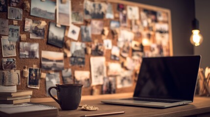 Cozy workspace: coffee cup, laptop, and inspiration board in warm lighting