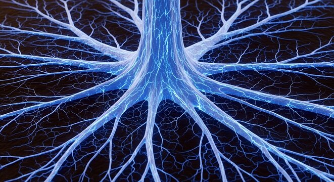 Close-up of a vibrant blue bioluminescent network, resembling intricate fungal mycelium or neural pathways, spreading across a dark, organic surface, highlighting biological energy.