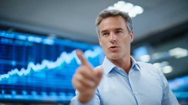 Businessman analyzes line graphs and profit-loss diagrams on a touch-screen monitor in a professional office setting.