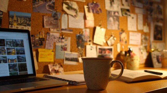 Cozy workspace with coffee mug, laptop, open notebook, and bulletin board in dim light