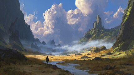 Solitary wanderer in misty valley with tower and dramatic cloudscape
