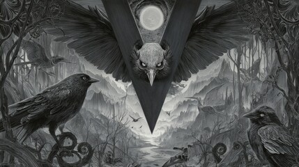Monochrome surreal forest with owls and ravens under full moon