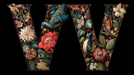 Floral alphabet design with vibrant birds and flowers on black background