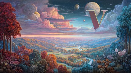 Dreamlike landscape with surreal planets and majestic v in lush valley at sunset