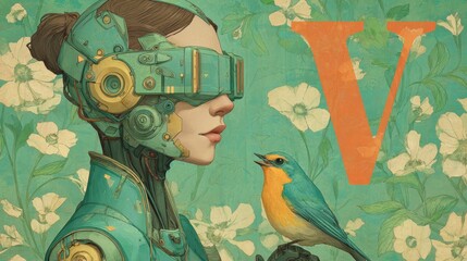 Sci-fi female cyborg with bird and floral background