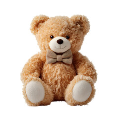 Obraz premium Cute fluffy teddy bear wearing a patterned bow tie, isolated on transparent background.