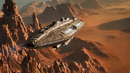 A spaceship flying over the red desert landscape of Mars - Powered by Adobe