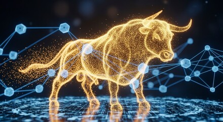Obraz premium A glowing digital bull composed of golden particles stands boldly amid a network of interconnected blue nodes and lines, symbolizing strength and technological innovation.
