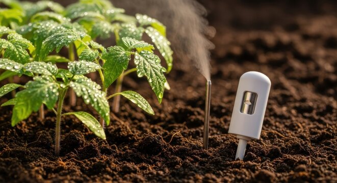 Smart soil sensor monitoring tomato plant growth in garden