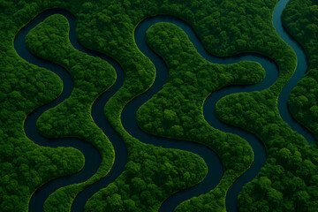 Fototapeta premium Aerial View of Winding Rivers Through Dense Rainforest - Abstract Nature Shapes from Above