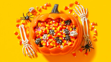 Halloween candy in an orange pumpkin-shaped bowl, with spider and skeleton hands reaching out to grab the candies on a yellow background