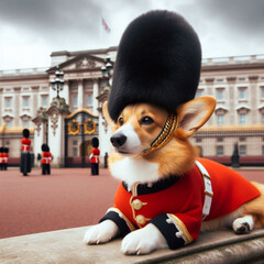 british flag on the street, british royal guard, british royal guard dog, guard dog in front of a building, dog in a hat, dog in a hat and tie, 3d dog in red dress, a corgi dressed as a royal guard