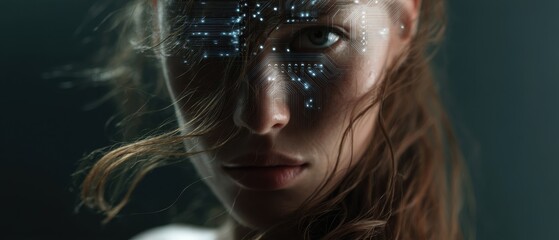 Futuristic female portrait with digital circuit overlay highlighting technology integration concept