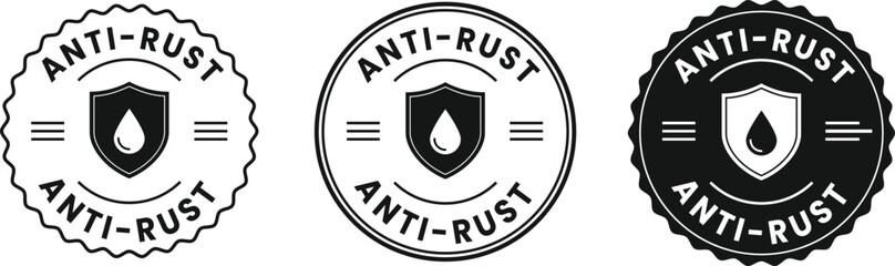 Anti-rust protection badge icons – set of vector shield logos with droplet symbol, suitable for waterproof coating, durable metal products, tools, and packaging use.